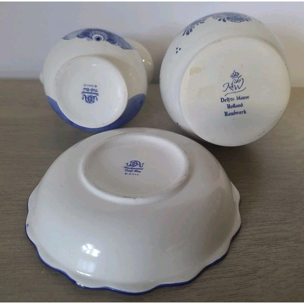 3 Piece Lot Handpainted Delft Blue Pottery Vase Bowl Pitcher Windmill Holland